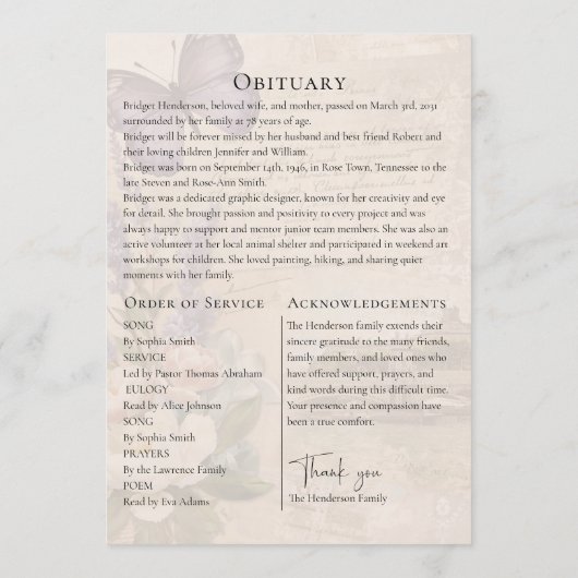 Celebrating Life Lavander Butterfly Photo Funeral Programma (Achterkant)