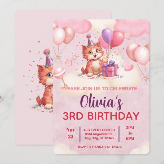 Célébration de chats Kitty Invitation Anniversaire (Devant / Derrière)