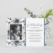 Célébration de la vie Blue Floral Photo Invitation (Debout devant)