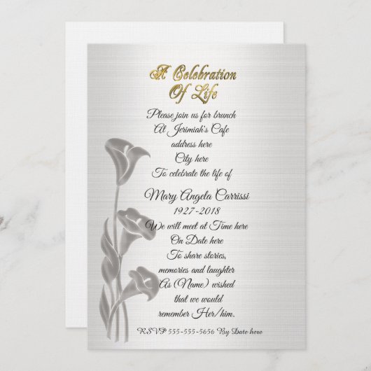 Célébration de la vie Invitation Calla Lys (Devant / Derrière)