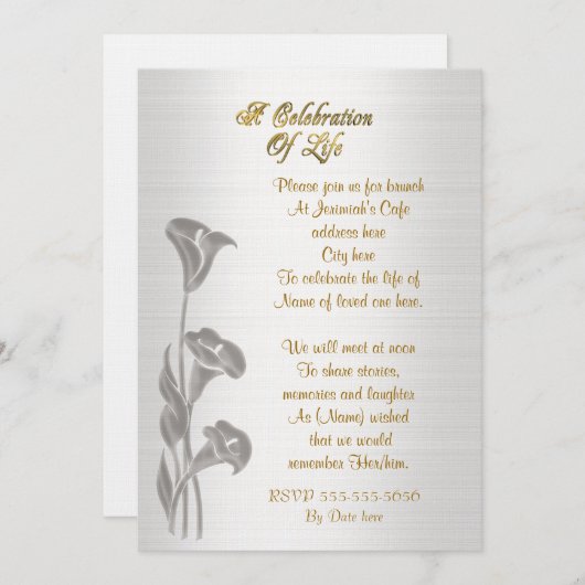 Célébration de la vie Invitation Calla Lys (Devant / Derrière)