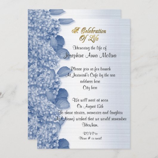 Célébration de la vie Invitation hydrangea blue (Devant / Derrière)