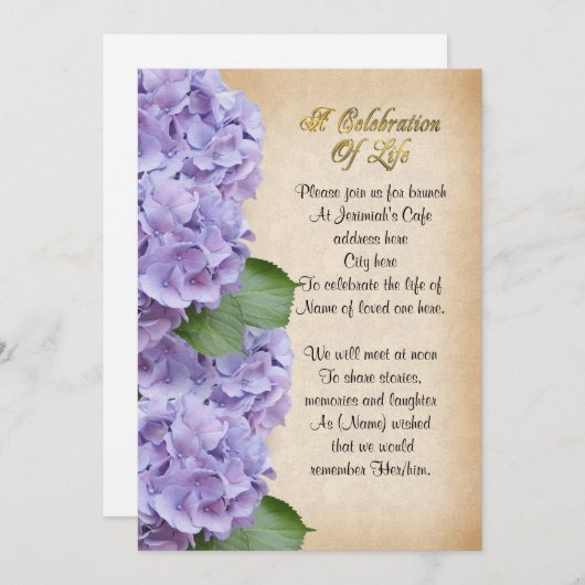 Célébration de la vie Invitation hydrangée (Devant / Derrière)