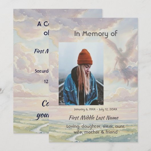 Celebration of Life Invite Angel Sky Clouds Kaart (Voorkant / Achterkant)