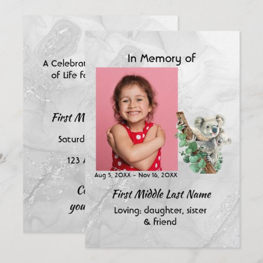 Celebration of Life Service Cute Koala Bear Kids Kaart (Voorkant / Achterkant)