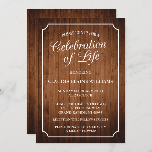 CÉLÉBRATION RUSTIQUE DE LA VIE INVITATION FUNÉRALE (Devant / Derrière)