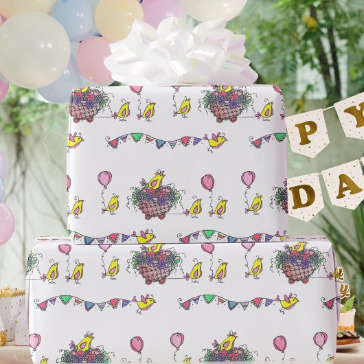 Celebratory Bird Parade Illustration Cadeaupapier