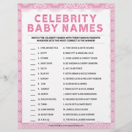 Celebrity Baby Names [Luxe kant [Roze]] Briefhoofd (Voorkant)