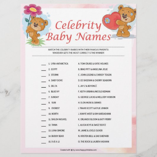 Celebrity Baby Names [Teddy Bears] Briefhoofd (Voorkant)
