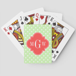 Celery Polka Dot Coral Red Quatrefoil 3 Monogram Speelkaarten