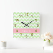 Celery White Chevron Pink Name Monogram Vierkante Klok (Huis)