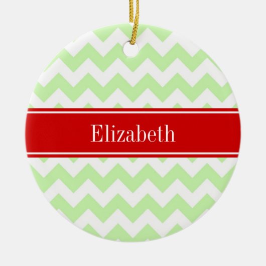 Celery White Chevron ZigZag Red Name Monogram Keramisch Ornament (Voorkant)