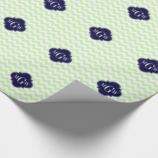 Celery Wht Chevron Navy Blue Quatrefoil 3 Monogram Cadeaupapier (Hoek)
