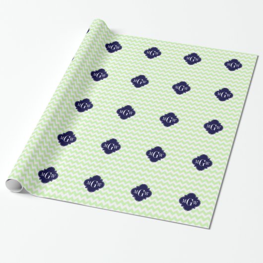 Celery Wht Chevron Navy Blue Quatrefoil 3 Monogram Cadeaupapier (Uitgerold)