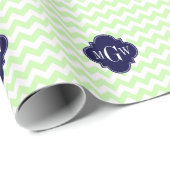Celery Wht Chevron Navy Blue Quatrefoil 3 Monogram Cadeaupapier (Rol Hoek)