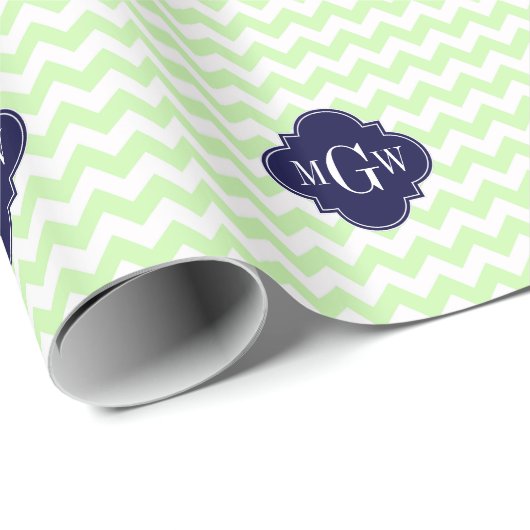 Celery Wht Chevron Navy Blue Quatrefoil 3 Monogram Cadeaupapier (Rol Hoek)