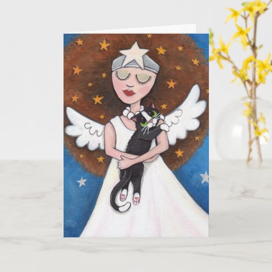 Celeste et son chat - carte de voeux (Fleur jaune)