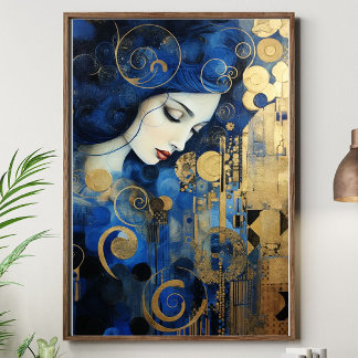 Celestia in Goud – Blauwe en Gouden Art Deco Vrouw Canvas Afdruk
