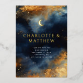Celestial Abstract Blauw Gouden Maan Save the Date Folie Uitnodiging (Voorkant)