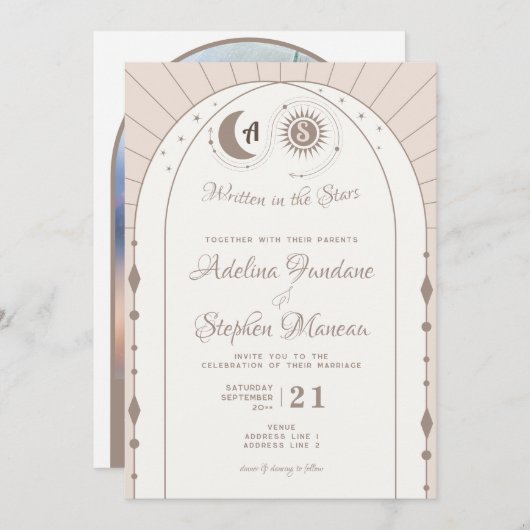 Celestial Arch Maan & Zon Monogram Crest QR Code Kaart (Voorkant / Achterkant)