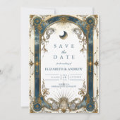 Celestial Art Nouveau Blue Gold Wedding Save The Date (Voorkant)