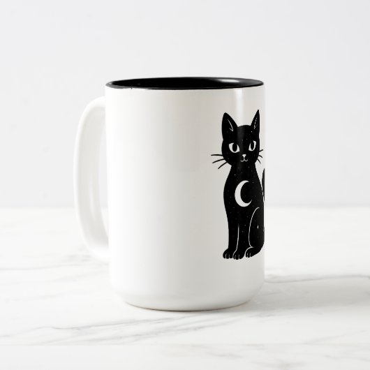Celestial Black Cat with Crescent Moon | Mystical Tweekleurige Koffiemok (Voorkant links)