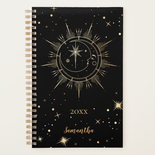 Celestial Black en Faux Gold Moon Sun Naam Jaar Planner (Voorkant)