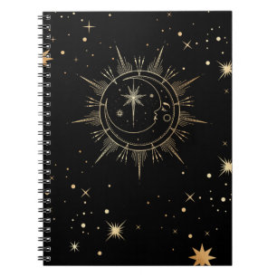 Celestial Black en Faux Gold Moon Sun Stars Notitieboek