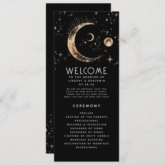 Celestial Black en Gold Wedding Programma's (Voorkant / Achterkant)