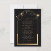 Celestial Black Gold QR Code Quinceañera Kaart (Voorkant)