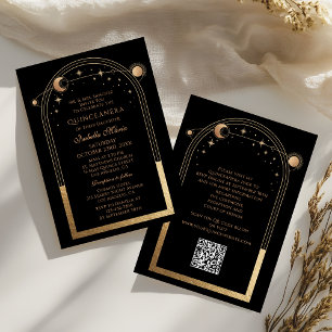 Celestial Black Gold QR Code Quinceañera Kaart