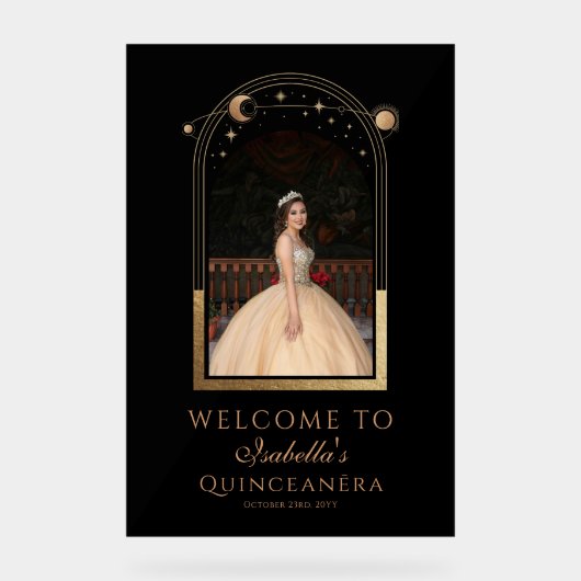 Celestial Black Gold Quinceañera Verjaardag Welkom Acryl Bord (Voorkant)