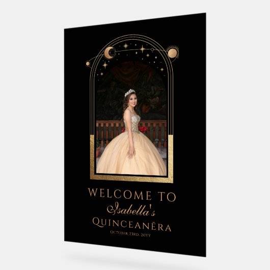 Celestial Black Gold Quinceañera Verjaardag Welkom Acryl Bord (Hoek)