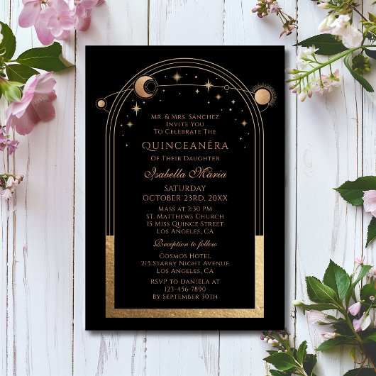 Celestial Black Gold Sun Moon Stars Quinceañera Kaart