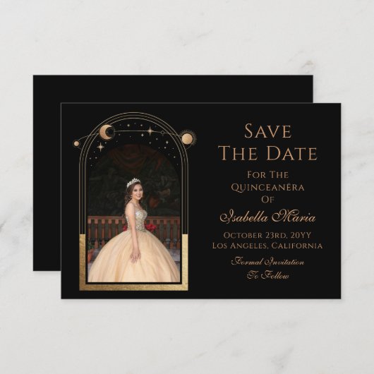Celestial Black Save The Date Verjaardag Quinceane (Voorkant / Achterkant)