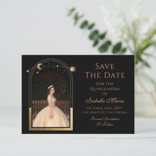 Celestial Black Save The Date Verjaardag Quinceane (Staand voorkant)