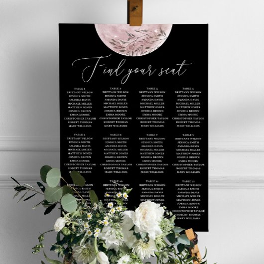 Celestial Black Wedding Seating Chart | Blush Moon Poster