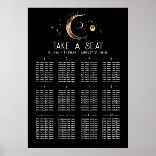 Celestial Black Wedding Seating Chart Poster