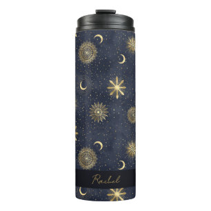 Celestial Blauw en Gouden Monogram Naam Thermosbeker