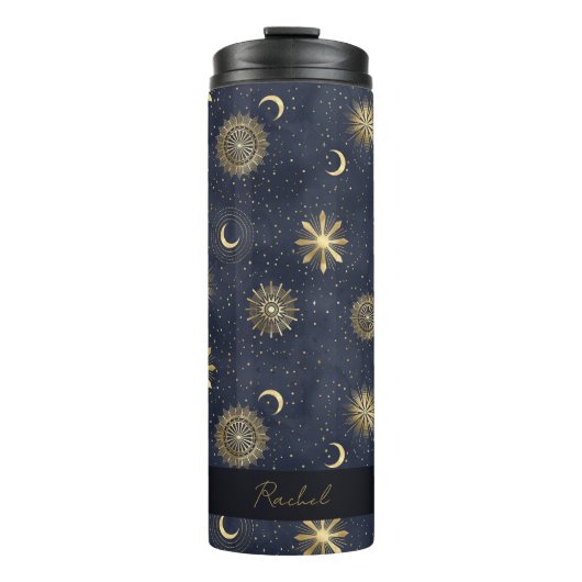 Celestial Blauw en Gouden Monogram Naam Thermosbeker (Voorkant)