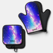 Celestial Blauw en Roze Galaxy Aangepaste Naam Ovenwant & Pannenlap Set (Voorkant / Achterkant)