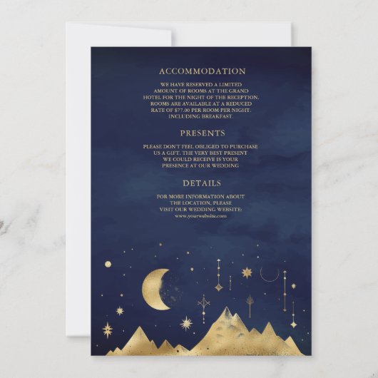 Celestial Blauw Gouden Halve Maan Fasen Bruiloft Kaart (Achterkant)