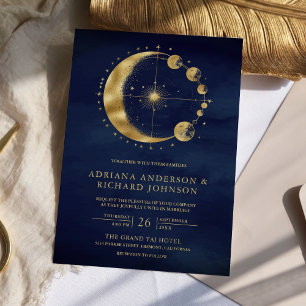 Celestial Blauw Gouden Halve Maan Fasen Bruiloft Kaart
