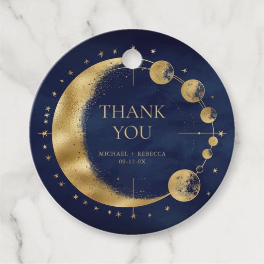 Celestial Blauw Gouden Maan Fasen Bruiloft Dank u Bedankjes Labels (Voorkant)