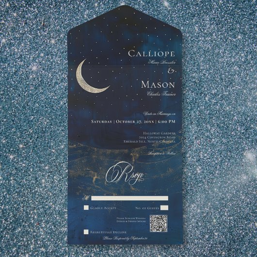 Celestial Blauwe Halve Maan Huwelijk QR Code All In One Uitnodiging