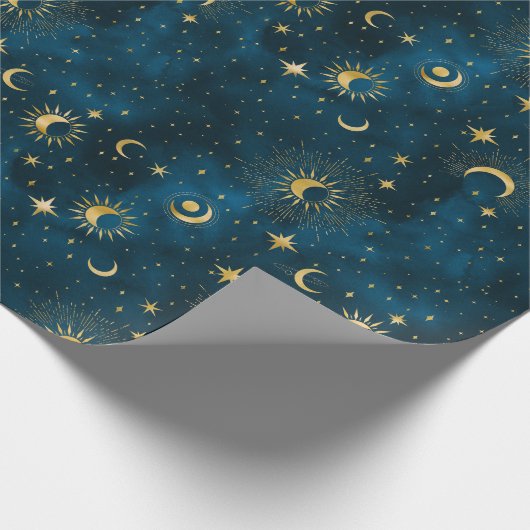 Celestial Blue and Gold Sterrennacht Crescent Moon Cadeaupapier (Hoek)