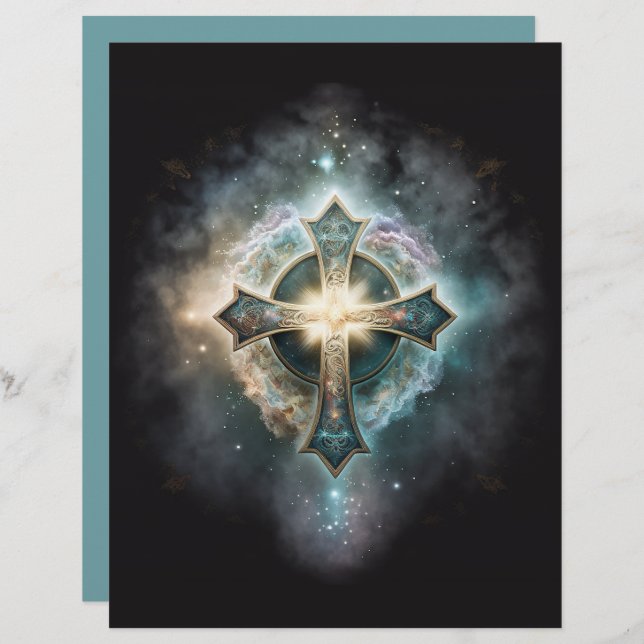 Celestial Blue Gold Cross Scrapbook Paper (Voorkant / Achterkant)