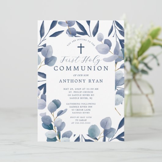 Celestial Blue Leaf Boys Communie Uitnodiging (Staand voorkant)
