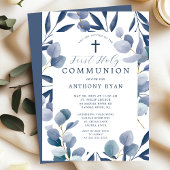 Celestial Blue Leaf Boys Communion Invitation