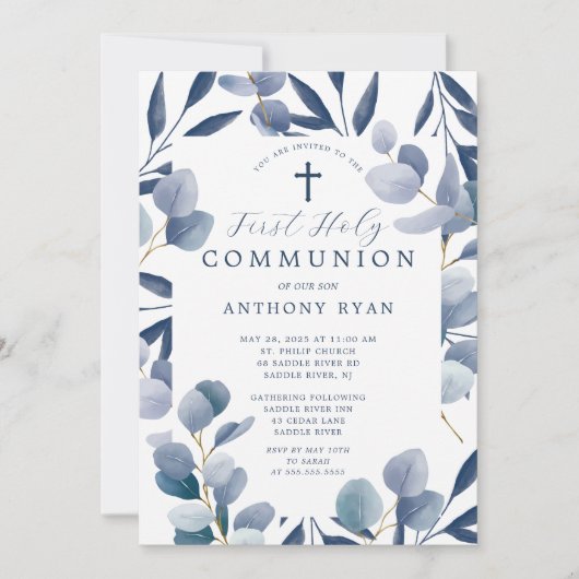 Celestial Blue Leaf Boys Communion Invitation (Devant)